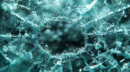 Shrapnel torn Scary Crack of broken glass from an impact