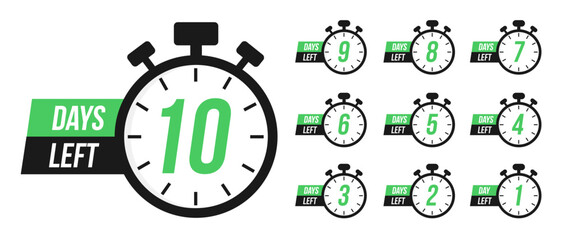 Number of days left to sign for sale or promotion. Countdown timer. Stopwatches set. Timer, clock vector illustrations set