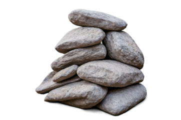 Carefully arranged pile of rocks balanced in a cairn style, isolated on a transparent, white background png