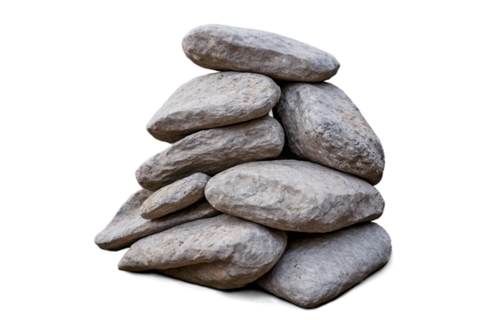 Carefully arranged pile of rocks balanced in a cairn style, isolated on a transparent, white background png