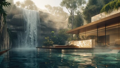 A captivating image of a modern home where walls merge with waterfalls, blending architecture and nature in a surreal, harmonious composition.