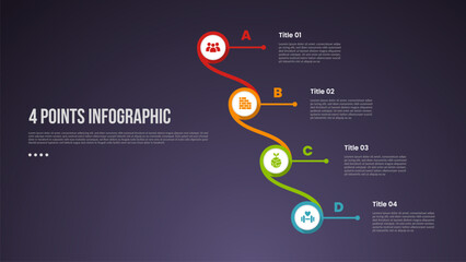 4 points or step process infographic with big circle creative line connection vertical with modern dark style for slide presentation
