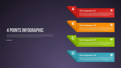 4 points or step process infographic with vertical stack rectangle box container on right column with modern dark style for slide presentation