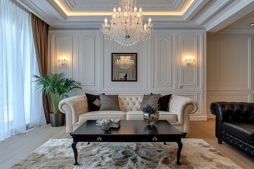 White couch or sofa in a luxury hotel suit. 