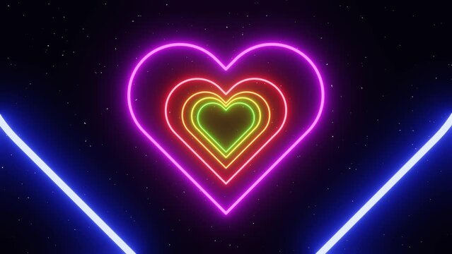 3d Neon glowing abstract rainbow heart tunnel in LGBT Pride colors. Disco music party Valentines day celebration. Retro y2k cyber sci-fi VJ videogame futuristic background. Animation loop 30fps 4k	
