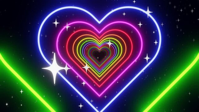3d Neon glowing abstract rainbow heart tunnel in LGBT Pride colors with stars. Disco music party Valentines day celebration. Retro y2k futuristic background. Loop animation 30fps 4k
