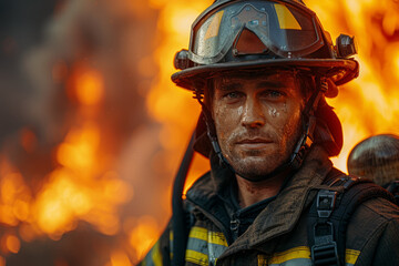 Fototapeta premium A seasoned firefighter battling raging flames with calm determination, providing stability amidst chaos and danger. Concept of firefighting resilience. Generative Ai.