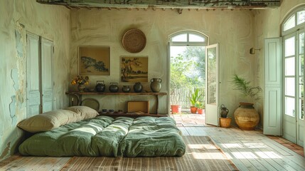 A mansion decorated in a luxurious minimalist style. There is a green luxury sofa. Warm light illuminates cotton and linen fabric.