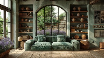 A mansion decorated in a luxurious minimalist style. There is a green luxury sofa. Warm light illuminates cotton and linen fabric.