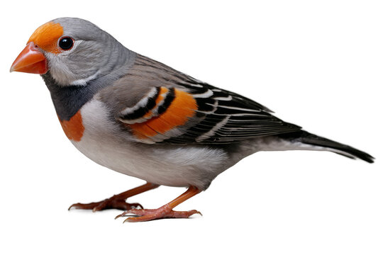 Vibrant and colorful zebra finch bird standing isolated on a transparent, white background in png format