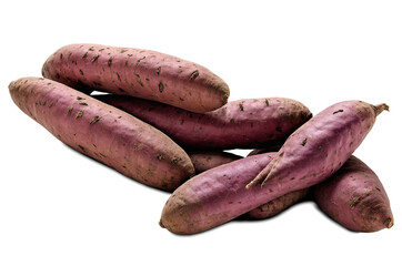 Fresh pile of sweet potatoes presented on a transparent white background, ready for png formatting