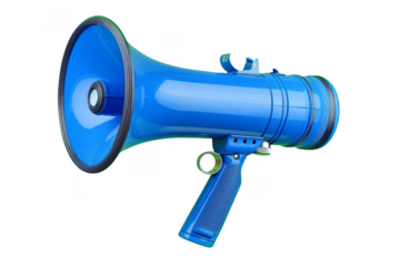 A blue megaphone with a black handle