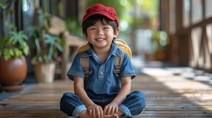 Little Asian boy sitting on the floor on a sunny summer day. Wear a blue school uniform, a red hat and a backpack. She smiled happily. She glows on the wooden background.