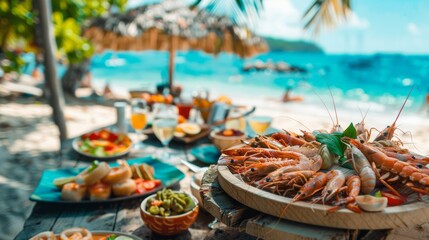 A table with shrimp and other seafood on it at a beach, AI