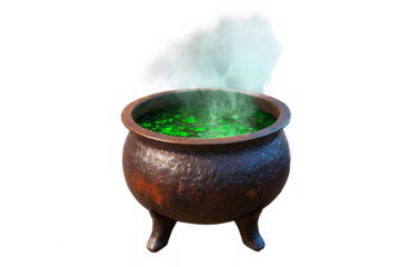 A mysterious potion brewing in a cauldron with vibrant green fumes, png, isolated on a white background