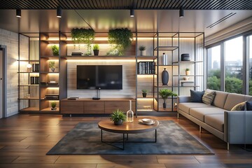 Fototapeta premium Sustainable living room, recycled materials, energy-efficient lighting, sleek minimalist design, generative ai