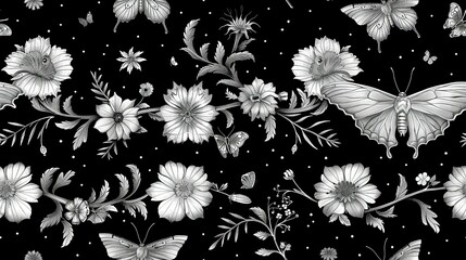 monoline inkstyle beautiful art nouveaux pattern that symbolise moths, and flowers and branches, twisted, reminding of a pattern in a fairy tale book