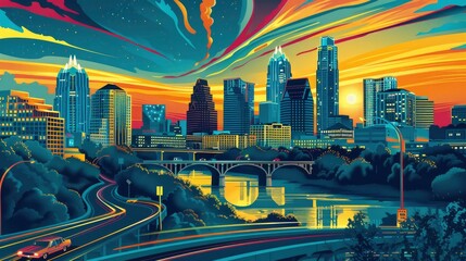  Austin music scene and cityscape, classic sports posters, tranquil gleam emanates from liquid trails