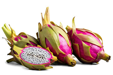 Three vivid dragon fruit pieces, one halved to show the seed-speckled interior, well suited for transparent, png images with a white background