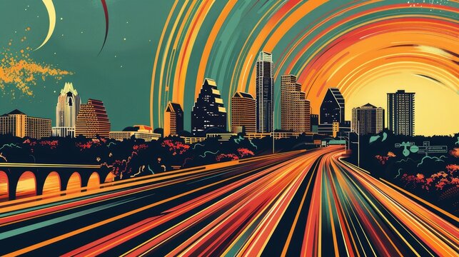  Austin music scene and cityscape, classic sports posters, tranquil gleam emanates from liquid trails