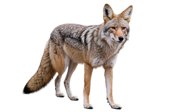 A detailed full-body image of a coyote standing alert on a transparent, white background, ideal for clean PNG usage