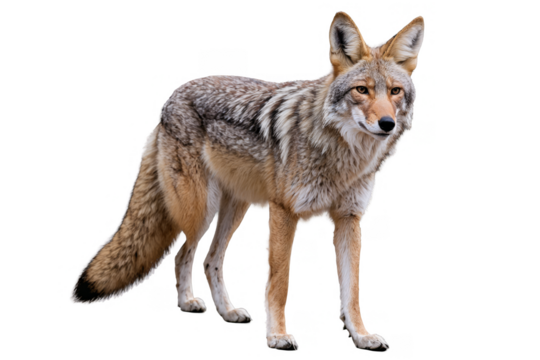 A detailed full-body image of a coyote standing alert on a transparent, white background, ideal for clean PNG usage