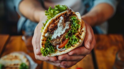 A person holding a pita sandwich with meat and vegetables, AI