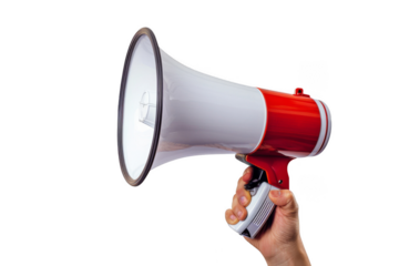 A person is holding a microphone with a red and white design