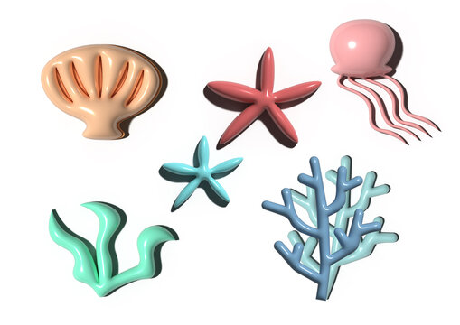ocean objects set vector like shell, jellyfish, coral, starfish, algae