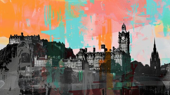  Collage of Edinburgh with Edinburgh Castle, timeless graphic styles, tranquil radiance arises from liquid tides