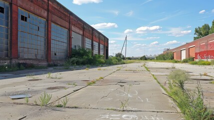 Interior photo of empty warehouse building unkempt yard, yard overgrown with weeds.