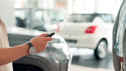 Handshake, man and dealership for car with keys, salesman and customer for successful purchase or test drive agreement. Motor vehicle, showroom and rental business, thank you and automobile sale - Powered by Adobe