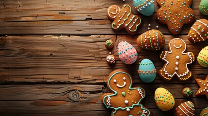 Easter Greeting Card Featuring Vibrant Gingerbread Cookies and Eggs on a Wooden Table Ample Space for Adding Your Greetings
