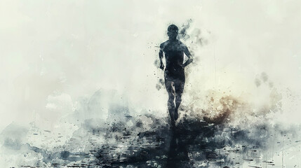 Fototapeta premium A dramatic watercolor painting of a lone runner silhouetted against a misty background. Generated by AI.