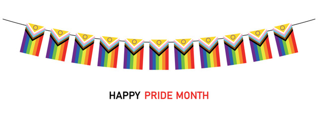 Happy Pride month card with updated LGBTQ Pride Flag pennants, vector illustration