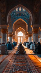 Congregation sitting and praying in ornate mosque with stained glass windows. Indoor photography. Islamic worship and community concept. Wide angle view.