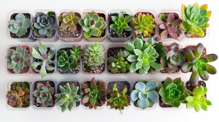 Assortment of succulents in plastic containers for seedlings set against a white backdrop