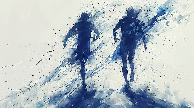 Pintura abstracta en acuarela de dos corredores en una re&ntilde;ida carrera subrayando la intensidad y la competici&oacute;n de la prueba. Generado por IA.