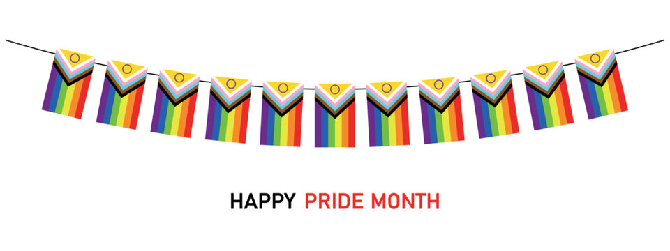 Happy Pride month card with updated LGBTQ Pride Flag pennants, vector illustration