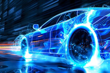 Futuristic Neon Electric Car Racing at High Speed