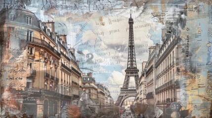  Paris collage wallpaper with Eiffel Tower, classic design aesthetics, tranquil gleam radiates from liquid rivers