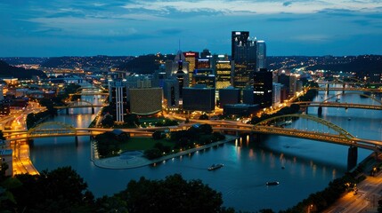 Obraz premium Pittsburgh with rivers and skyline, retro comic book covers, subtle glow flows from liquid routes