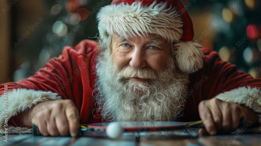 Wall mural santa claus playing table tennis. christmas holiday and leisure concept.