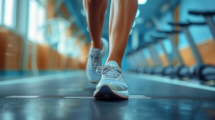 Naklejka premium Close-up of a woman legs on a stationary bike, showcasing cycling workout intensity, perfect for fitness advertisements promoting cardio exercise.