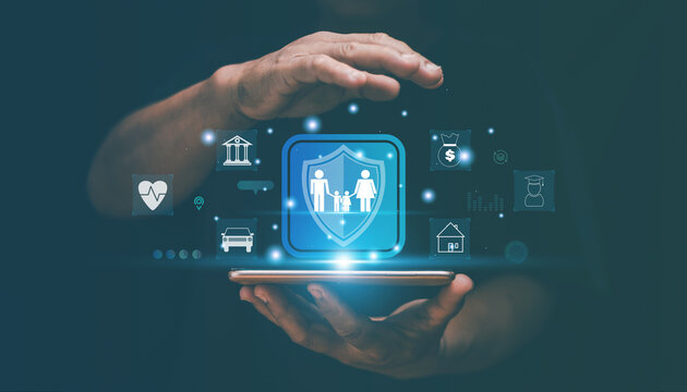 Family life insurance concept, Hands with smartphone for protective gesture insure the family in the future. property, health, car, travel, education, financial. Insurance online for life and family.