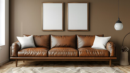Brown leather couch and two posters in a living room with wood flooring