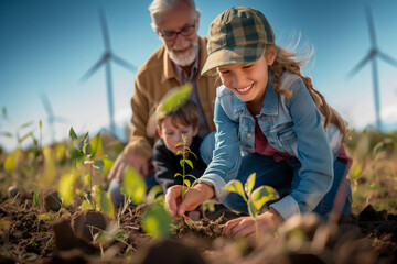 A family planting trees in a field with wind turbines in the background, promoting renewable energy and environmental stewardship