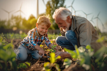 A grandfather and a young boy gardening together, with wind turbines in the background. Family bonding and sustainable living, as they nurture the plants with smiles on their faces.