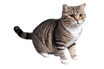 Fototapeta premium Domestically bred striped cat with articulate fur detail, perfect for transparent, white background, png use