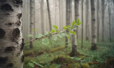 Birch sapling growing in a forest